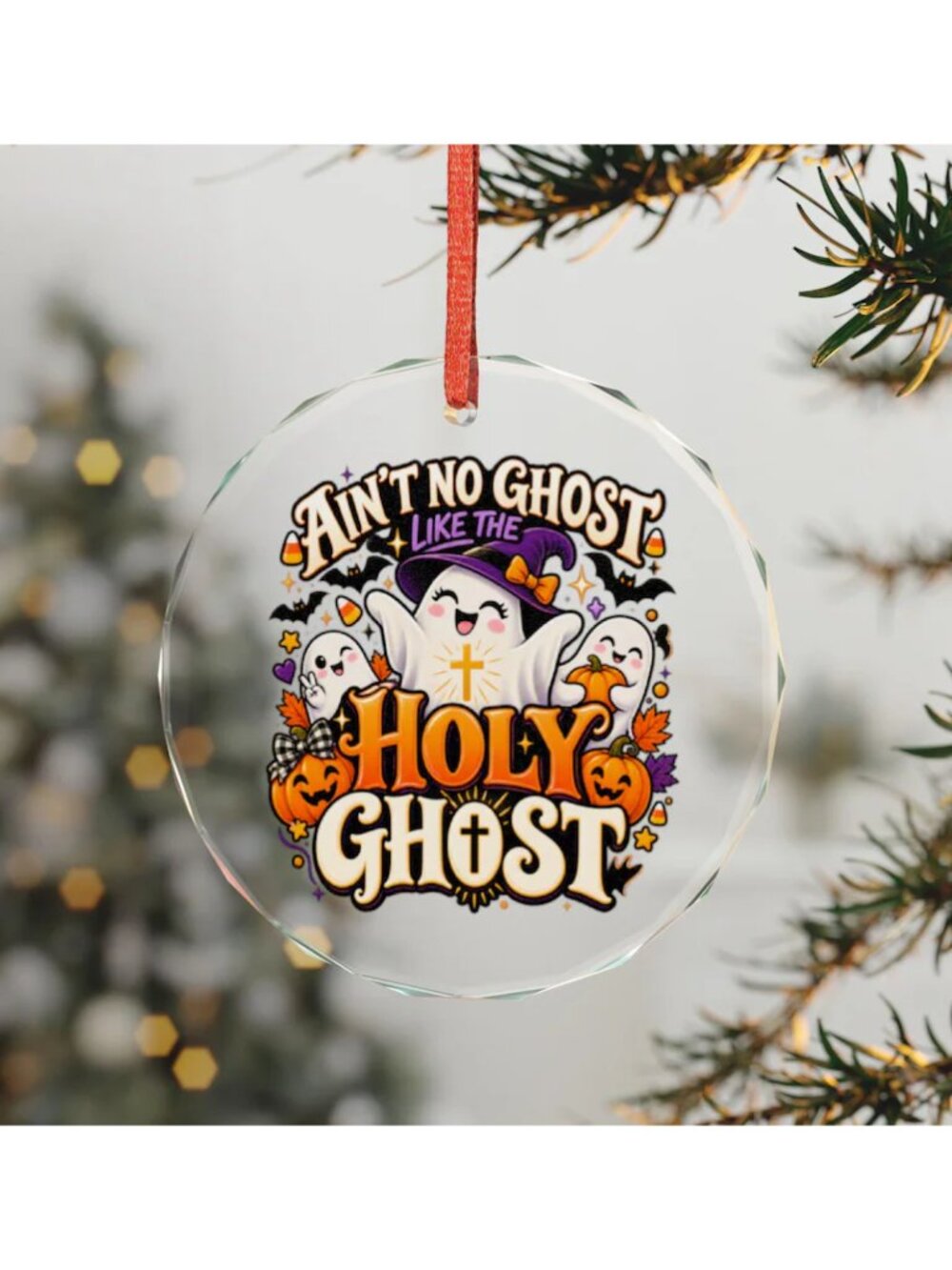 Happy Halloween Glass Ornament, Cute Witch Ghost Tree Decor, Haunted House